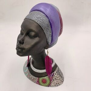 Statue Bust, Beautiful African American Resin Bust, Bun Feather Earrings